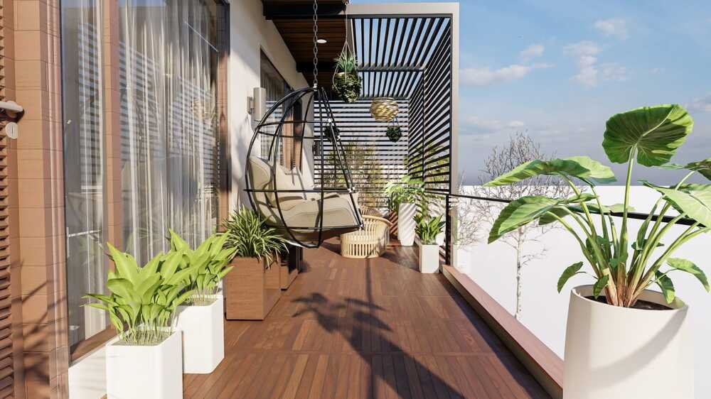 Compact balcony garden with layered planting