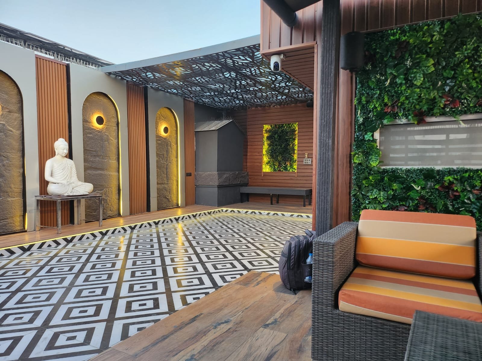 Garden water feature and seating area